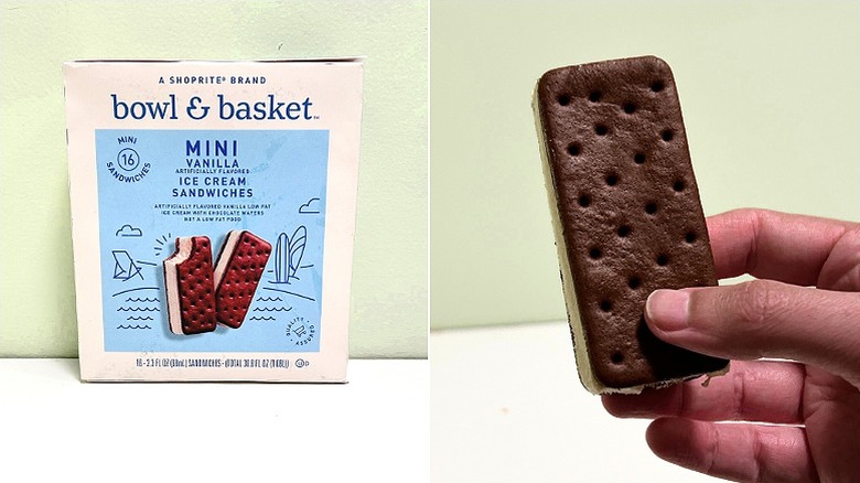 A box of Bowl and Basket Mini Vanilla Ice Cream Sandwiches next to an ice cream sandwich
