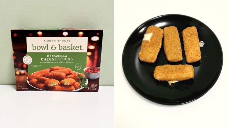 A box of Bowl and basket Mozzarella Cheese Sticks next to a plate of mozzarella sticks