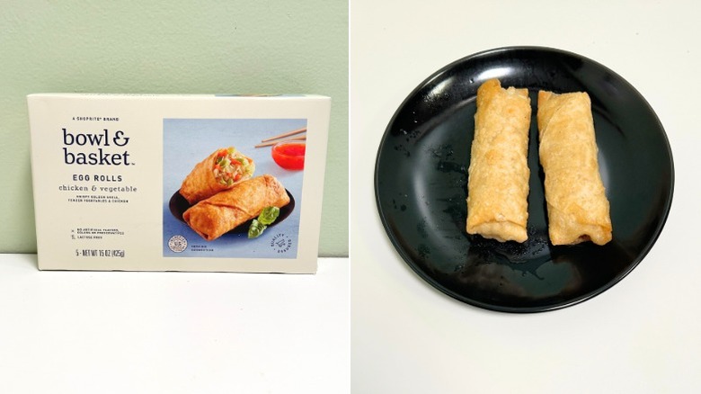 A box of Bowl and Basket Egg Rolls next to two egg rolls