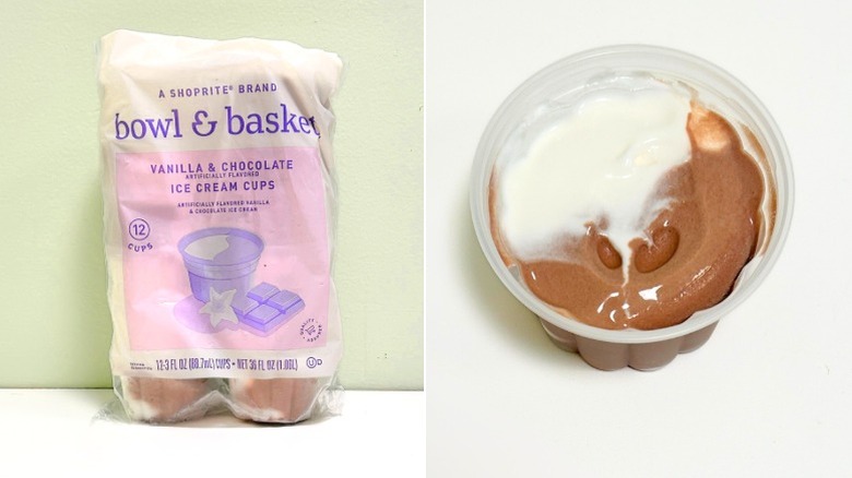 A bag of Bowl and Basket Vanilla and Chocolate Ice Cream Cups next to an ice cream cup