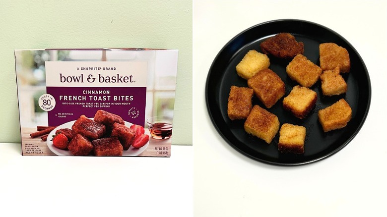 A box of Bowl and Basket Cinnamon French Toast Bites next to a plate of French toast bites