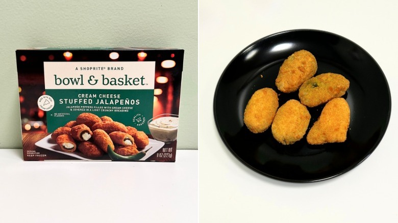 A box of Bowl and Basket Cream Cheese Stuffed Jalapeños next to a plate of jalapeño poppers