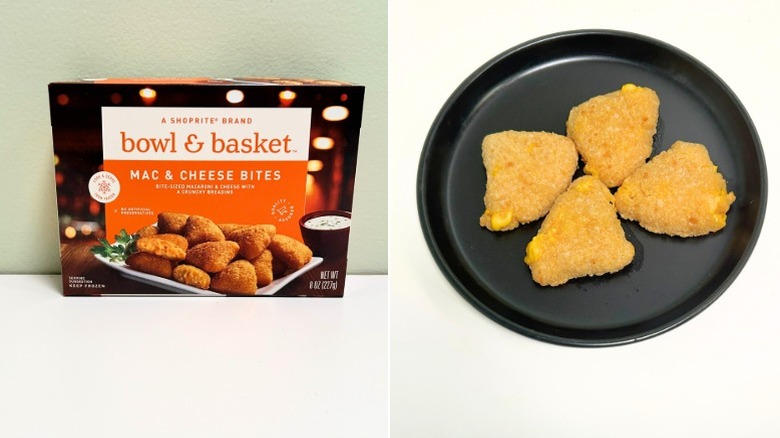 A box of Bowl and Basket Mac and Cheese Bites next to a black plate of mac and cheese bites
