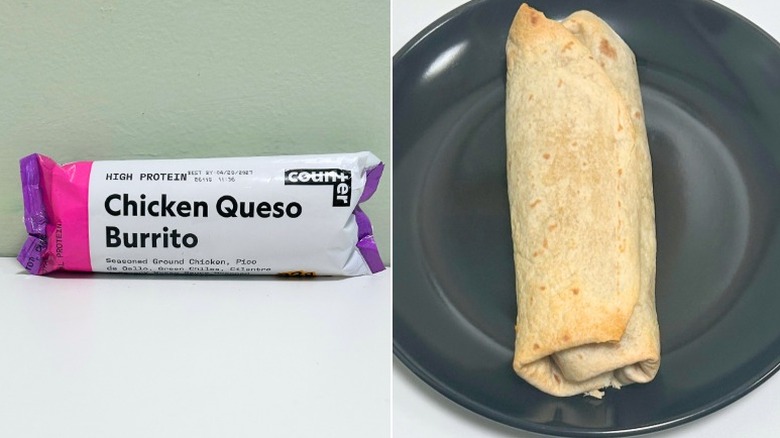 A wrapped Counter Chicken Queso Burrito sits next to a black plate with a burrito on it