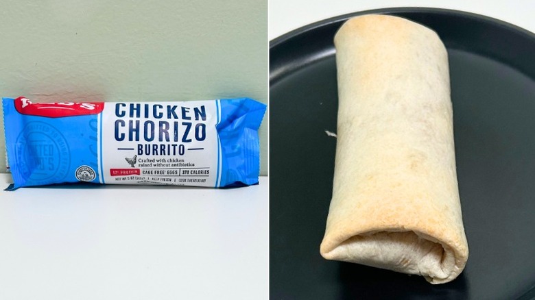 A wrapped Red's Chicken Chorizo Burrito sits next to a black plate with a burrito on it