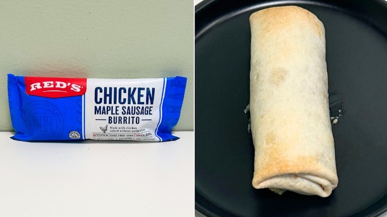 A wrapped Red's Chicken Maple Sausage Burrito sits next to a black plate with a burrito on it