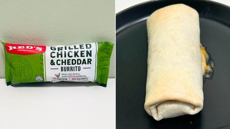 A Red's Grilled Chicken and Cheddar Burrito sits next to a black plate with a burrito on it