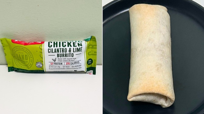 A Red's Chicken Cilantro and Lime Burrito sits next to a black plate with a burrito on it