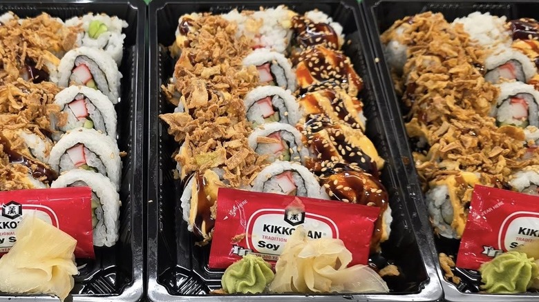 Freshly-made sushi at Albertsons and Safeway with Kikkoman soy sauce, wasabi, and pickled ginger