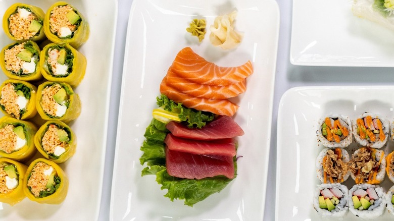 Close-up of Kroger sushi variety on white plates