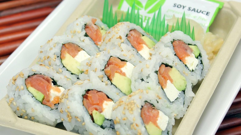 Freshly-made sushi with soy sauce from Whole Foods
