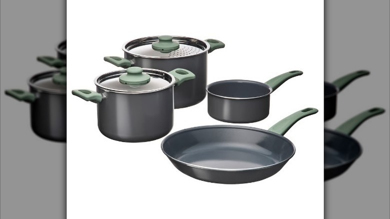 Non-stick cookware set on white background