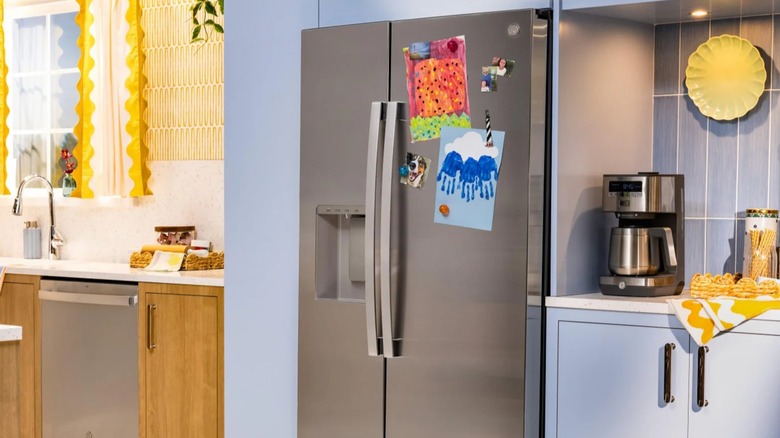 A stainless steel-colored GE dishwasher and side-by-side regriferator