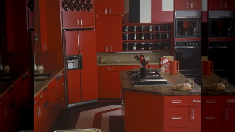 Poppy red 1970s refrigerator in a red kitchen