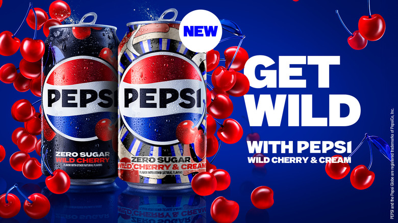 Cans of Pepsi Zero Sugar Wild Cherry & Cream and Zero Sugar Wild Cherry. Text says "Get Wild With Pepsi Wild Cherry & Cream"