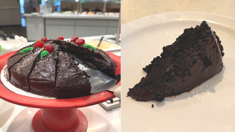 Platter of chocolate cake at Golden Corral