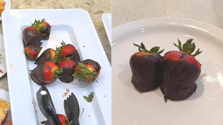 Platter of chocolate-covered strawberries at Golden Corral