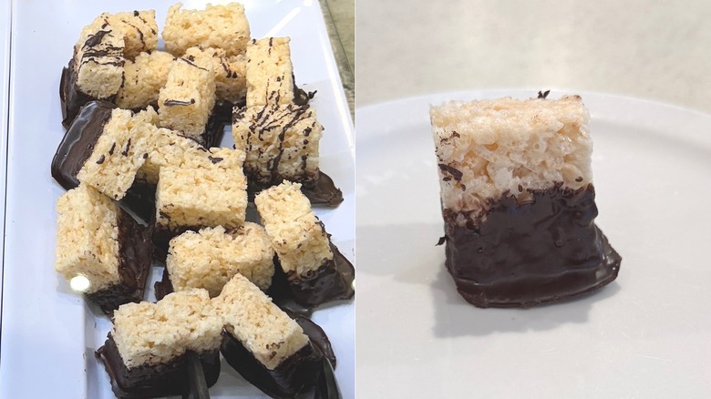 Platter of chocolate-covered Rice Krispies Treats at Golden Corral