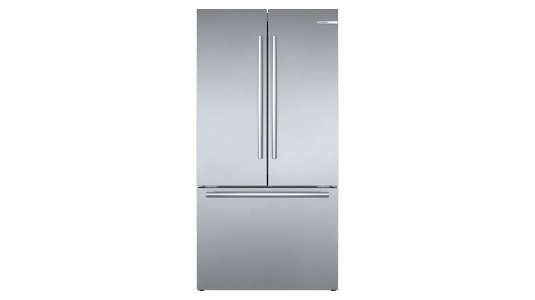 A stainless steel Bosch 800 Series refrigerator with bottom-drawer freezer and French door top