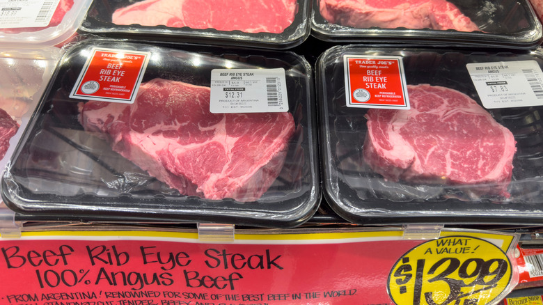 A close-up of red meat in a cooler at Trader Joe's