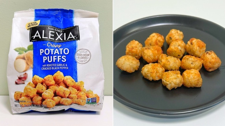 A bag of Alexia Crispy Potato Puffs next to a plate of tater tots