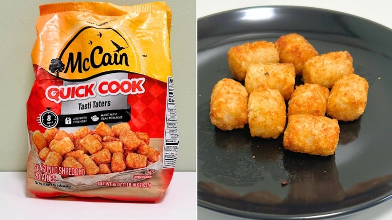 A bag of McCain Quick Cook Tasti Taters next to a plate of tater tots