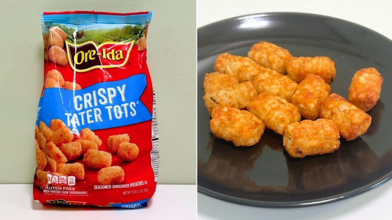 A bag of Ore-Ida Crispy Tater Tots next to a plate of tater tots