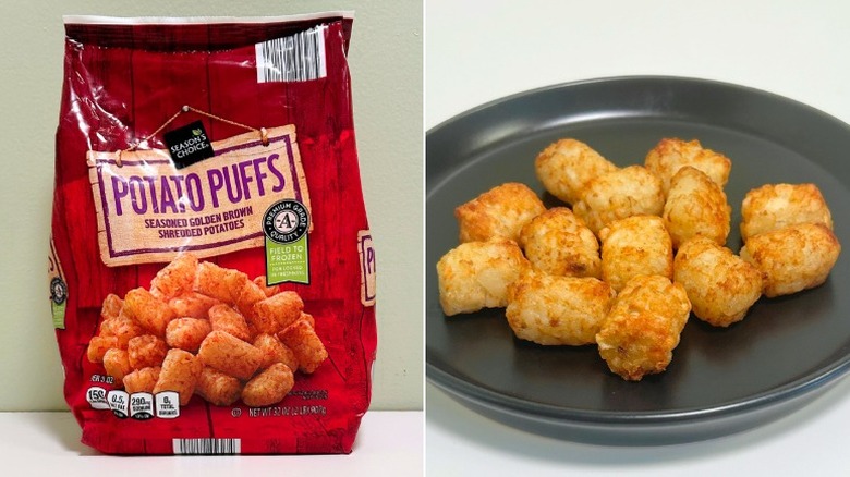 A bag of Season's Choice Potato Puffs next to a plate of tater tots