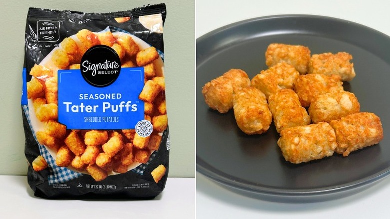 A bag of Signature Select Seasoned Tater Puffs next to a plate of tater tots
