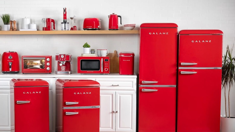 A suite of red, vintage-style Galanz appliances