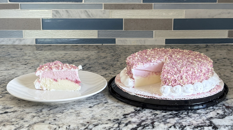 Sliced Friendly's strawberry ice cream cake
