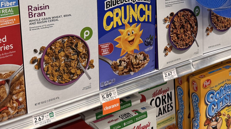 Markdown stickered cereal on a shelf at Publix