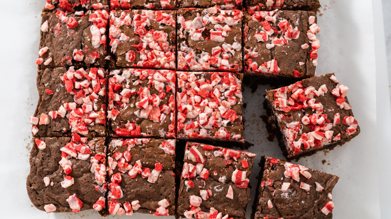 Sliced brownies with peppermint on top