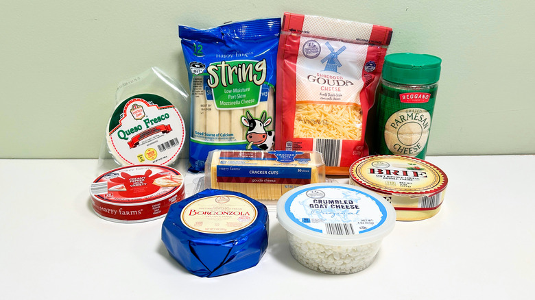 Several Aldi cheeses arranged together in a group