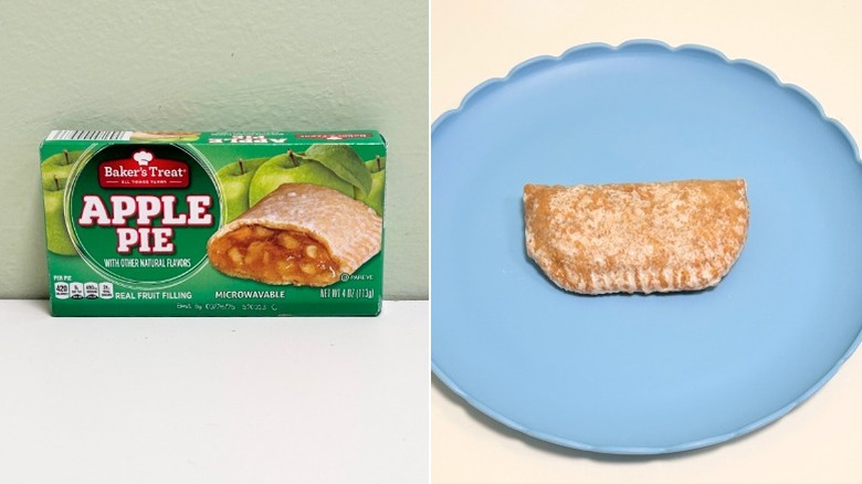 A box of Baker's Treat Apple Pie next to an apple pie on a blue plate