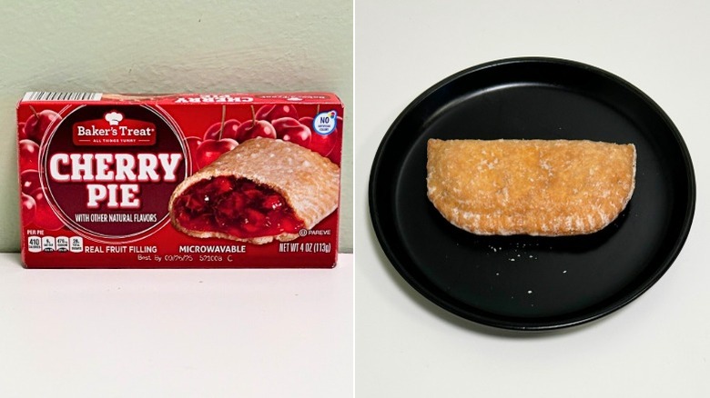 A box of Baker's Treat Cherry Pie next to a cherry pie on a black plate