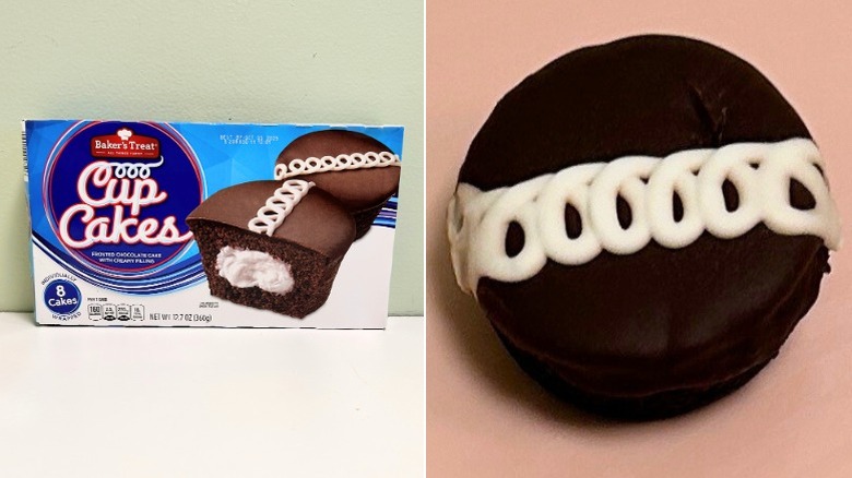 A box of Baker's Treat Cup Cakes next to a cup cake against a pink background