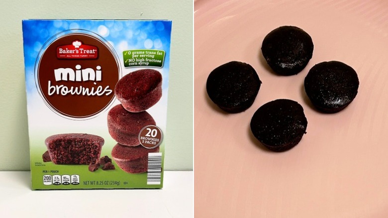 A box of Baker's Treat Mini Brownies next to four mini brownies against a pink background