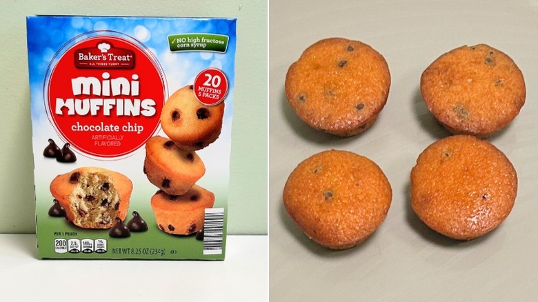 A box of Baker's Treat Chocolate Chip Mini Muffins next to four mini muffins against a gray background