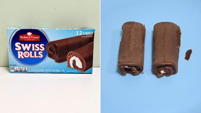 A box of Baker's Treat Swiss Rolls next to two Swiss rolls against a blue background
