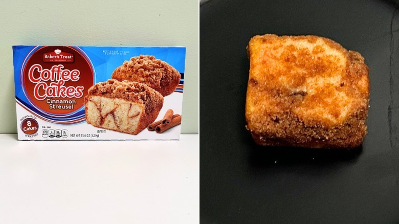 A box of baker's Treat Coffee Cakes next to a coffee cake against a black background