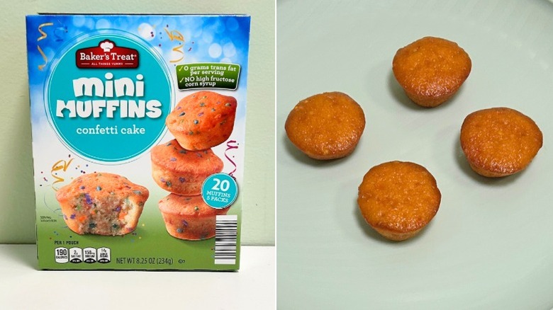 A box of Baker's Treat Mini Muffins Confetti Cake next to four mini muffins on a green background