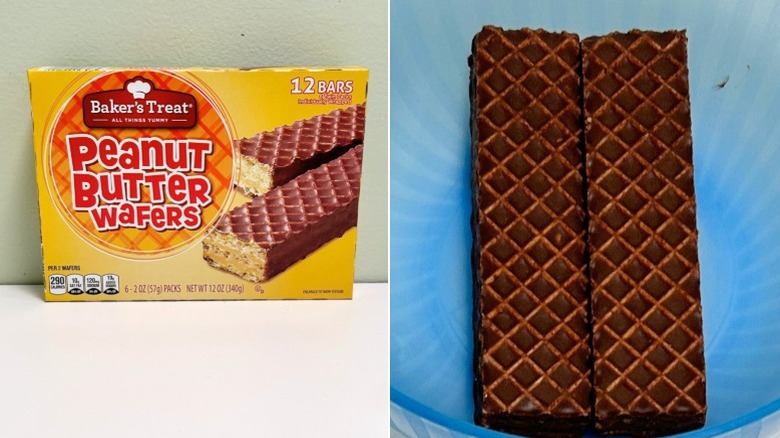 A box of Baker's Treat Peanut Butter Wafers next to two peanut butter wafers against a blue background