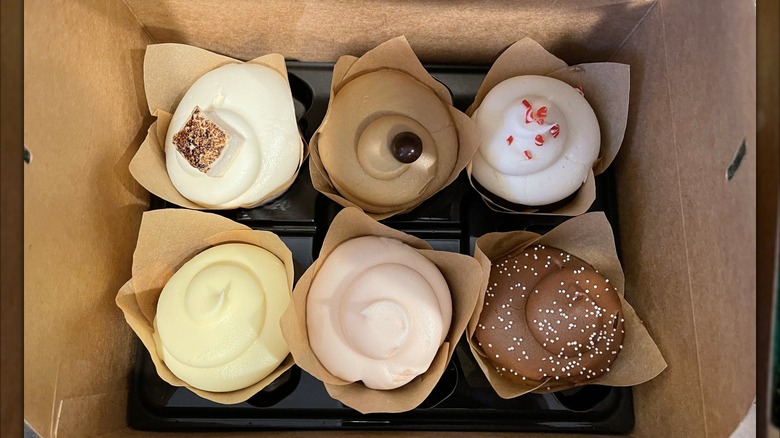 A look into a box of Magnolia Bakery's cupcakes