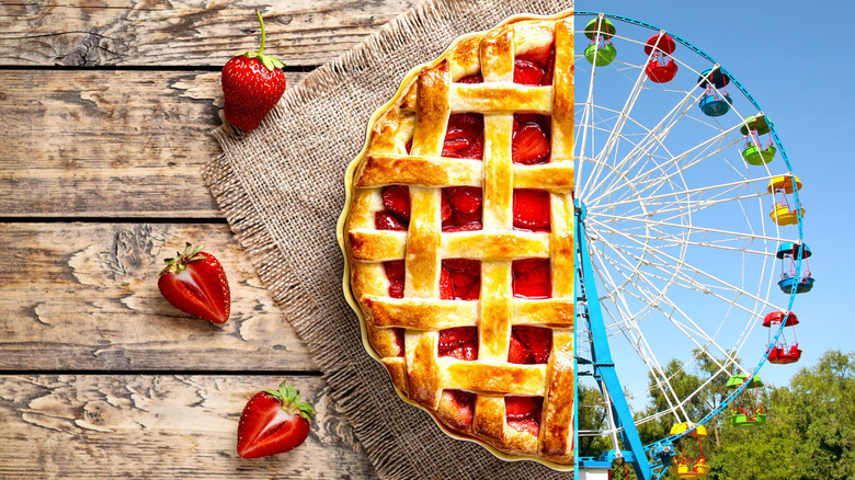 An image from "Blue Ribbon Baking Championship" with half a strawberry pie and half a Ferris wheel side by side