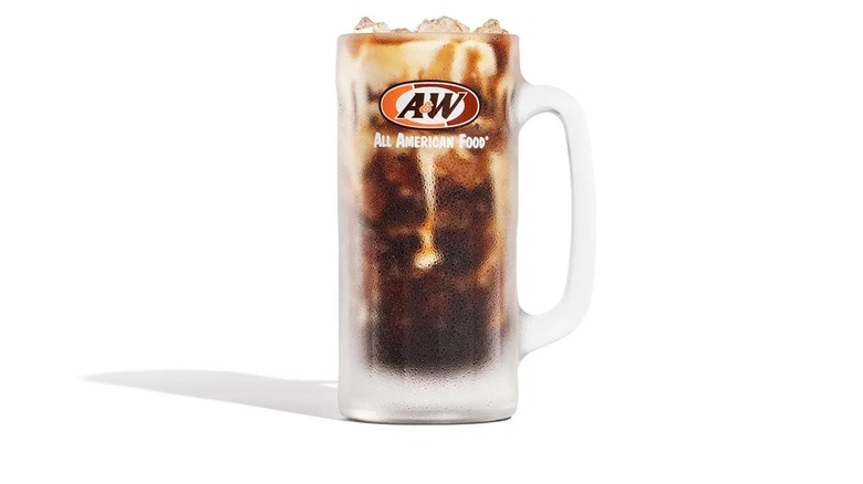 A frosty mug with Caramel Dirty Root Beer and the A&W logo