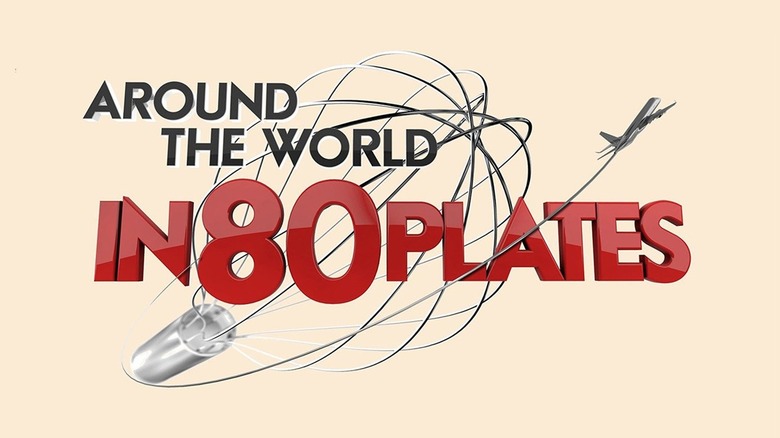 Logo for "Around the World in 80 Plates", with a jet flying around a whisk