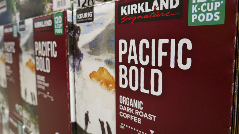 Close up of box of Kirkland Signature Pacific Bold coffee pods