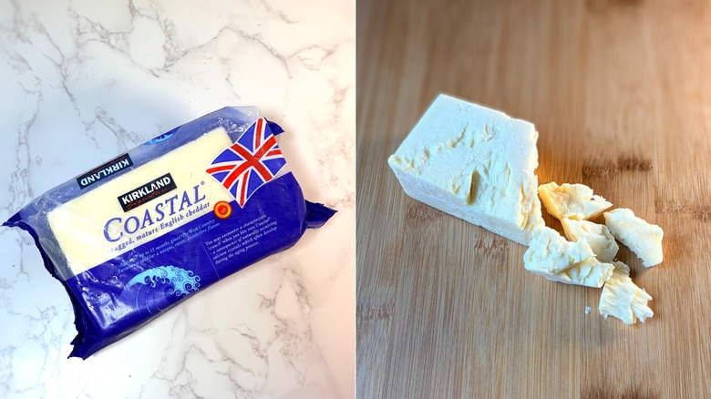 A package and crumbled block of English cheddar cheese