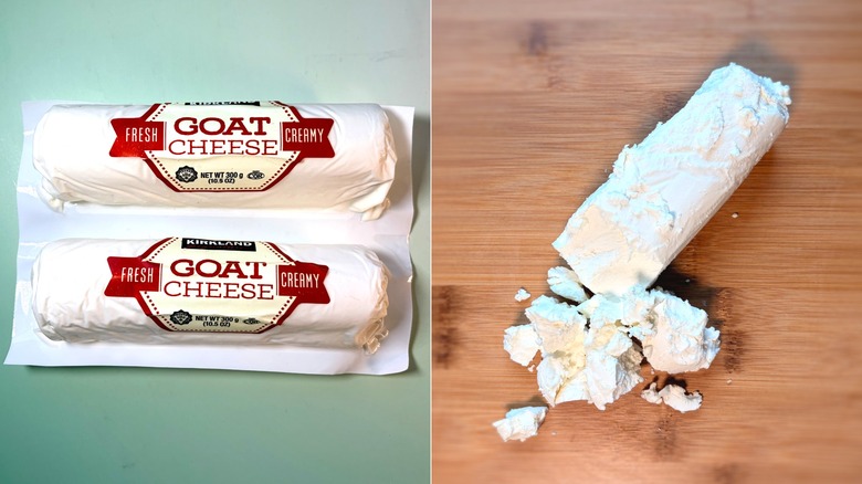 Packaged and crumbled unpackaged logs of goat cheese